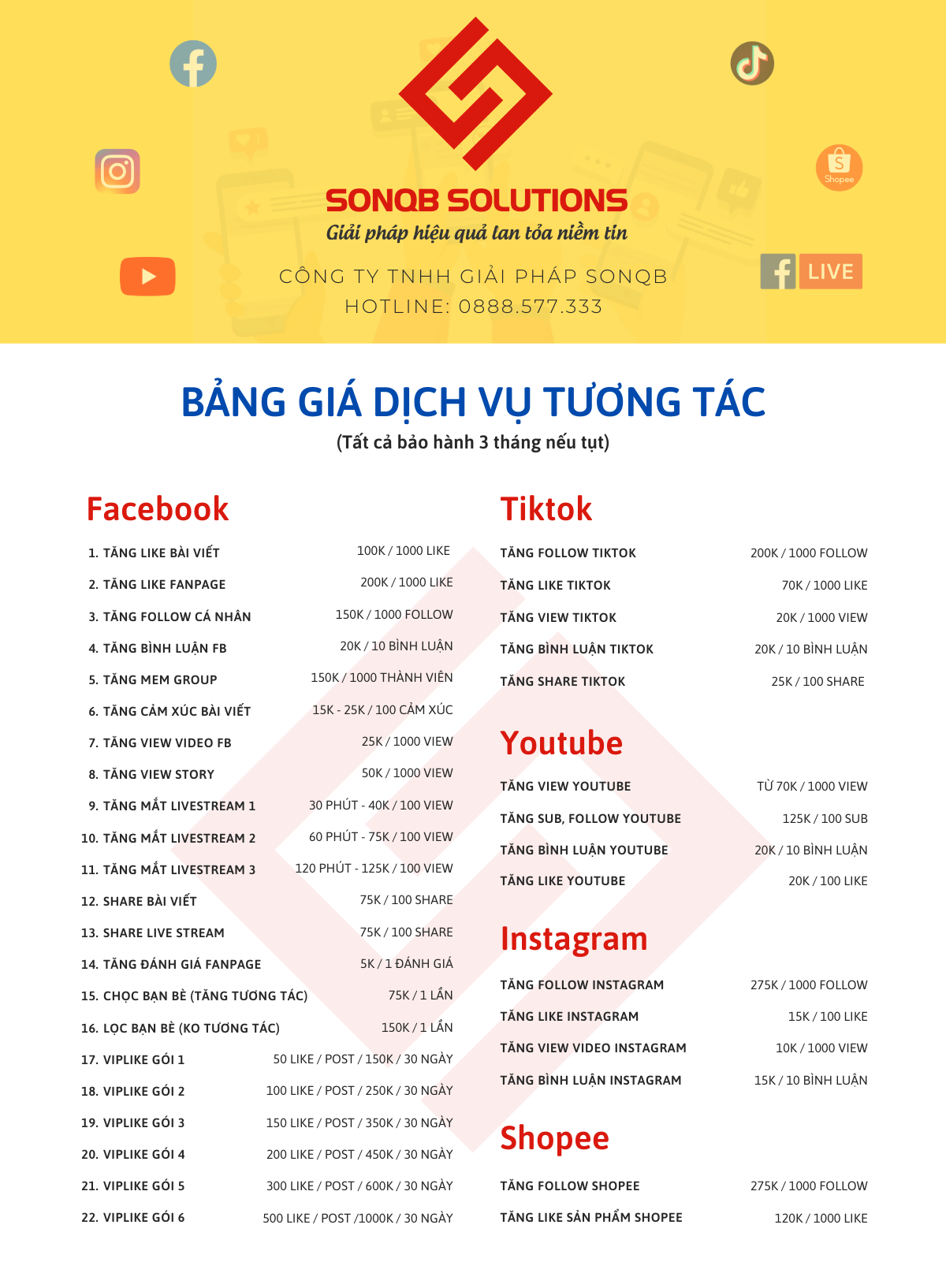 Bảng Giá Dịch Vụ Tương Tác MXH Sonqb